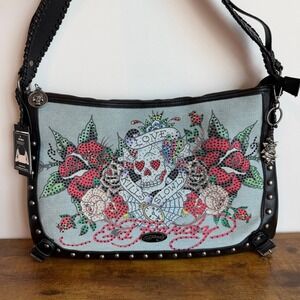 New Ed Hardy Blue Denim Black Shoulder Hobo Handbag Skull Y2K Gothic Roses
